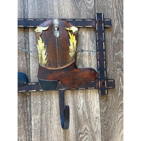 ANTIQUE COWBOY BOOT METAL WALL COAT-TOWEL RACK HOOKS 22InX10In - Picture 2 of 6